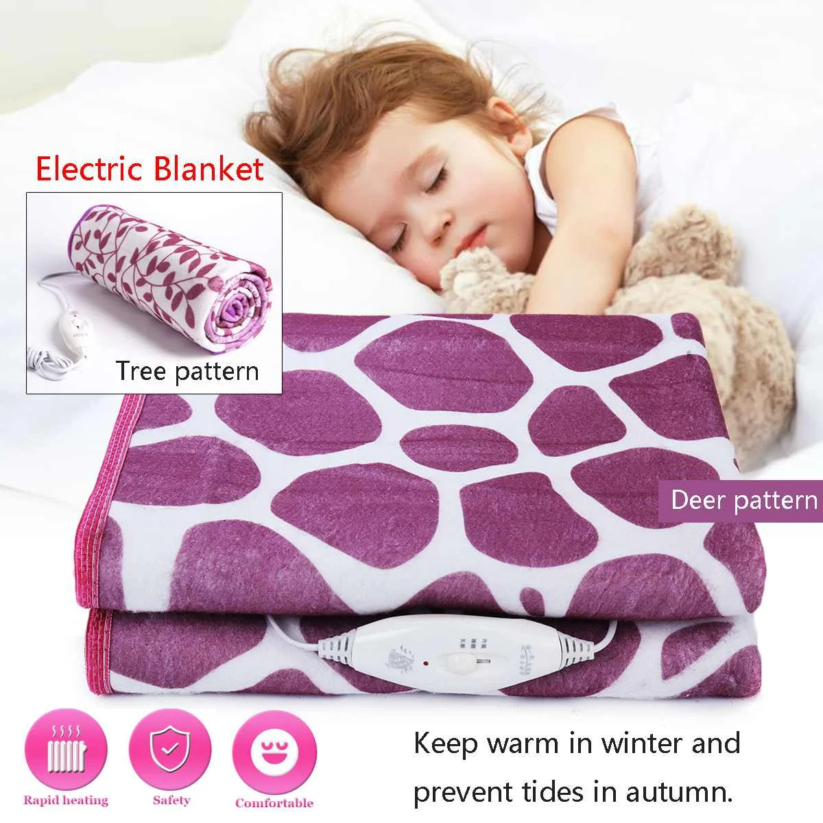 

220V Electric Heated Blanket Single Bed Heating Mat Winter Warmer Thermostat Carpet Tree/Deer Pattern Synthetic Fiber+Cotton