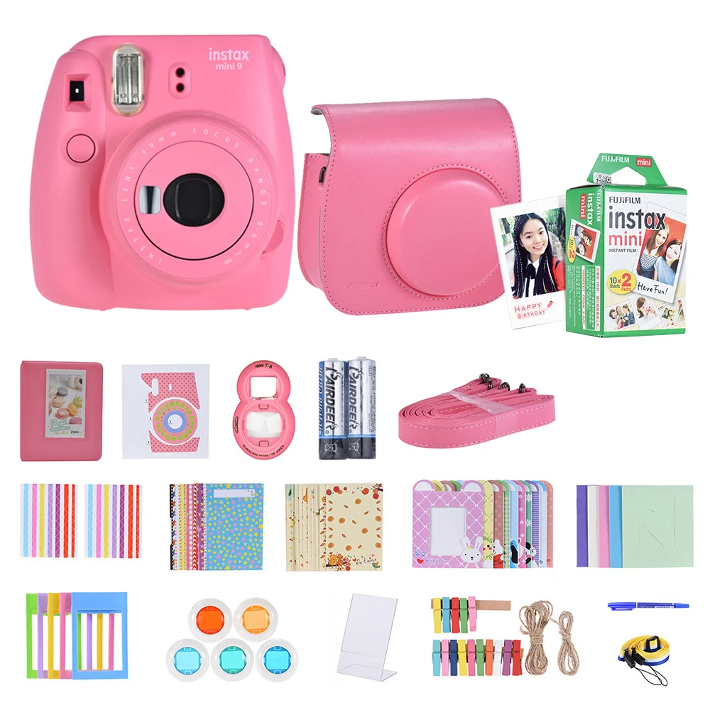 

2018 Fujifilm Instax Mini9 Instant Camera Film Selfie Mirror+14 in 1 Instant Camera Kit+20*Instax White Film Photo Paper 2 Color