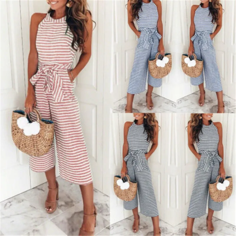 

2019 New Style Fashion Women Strap wide legs Stripe Bow Sashes Jumpsuit V-neck Romper Club Wear