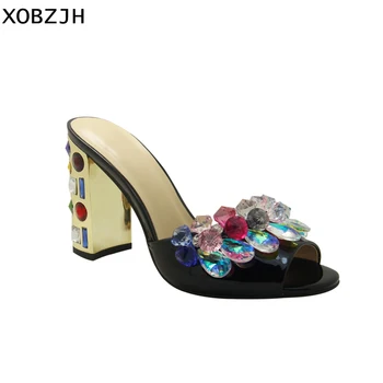 

Luxury Sandals Women Shoes 2019 Leather Black Crystal High Heels Peep Toe Rhinestone Brand designer Sandals wedding Shoes Woman