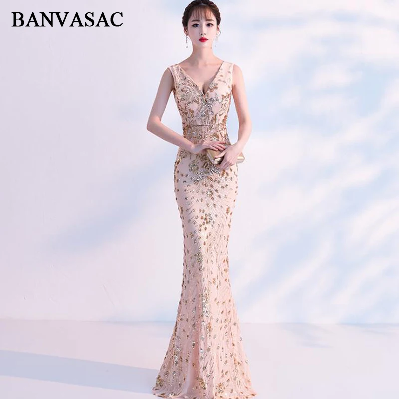 

BANVASAC Deep V Neck Elegant Mermaid Sequined Long Evening Dresses Party Tank Sexy Zipper Backless Prom Gowns