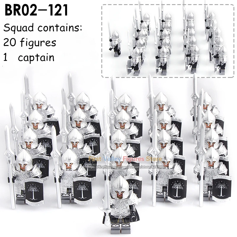 

21PCS Legoed Lord of the Rings Action Figure Gondor Medieval Knight Sword Heavy Infantry Spear Building Blocks Toys for Children