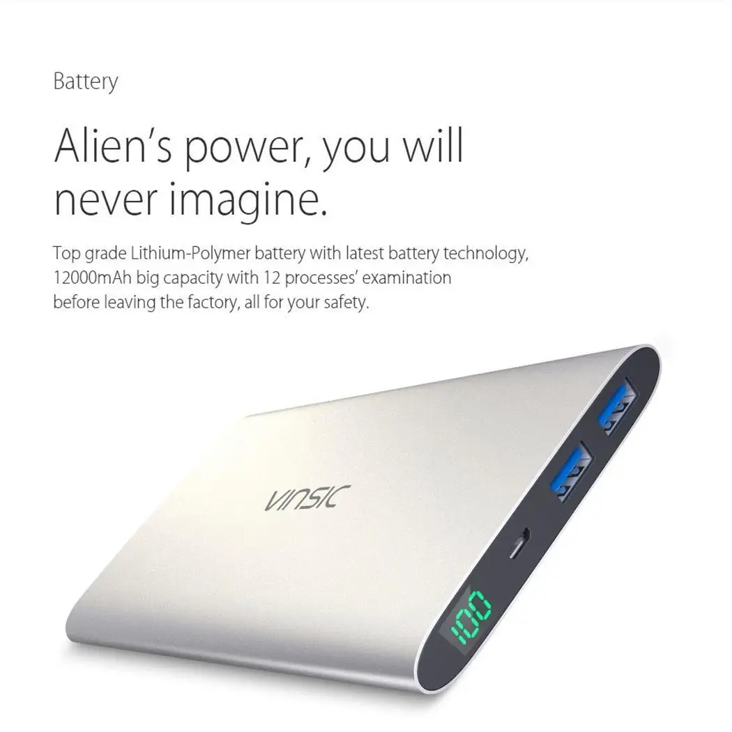 VINSIC 12000mAh внешний аккумулятор ультра тонкий 5V 2.4A двойной USB для iPhone X 8 Plus Xiaomi Huawei