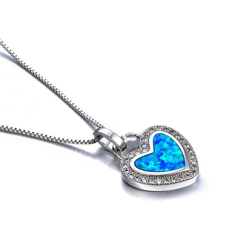 

Fashion Artificial Fire Opal Heart Pendant Necklace Silver Filled Blue Wedding Engagement For Women Crystal Valentine Day Gift