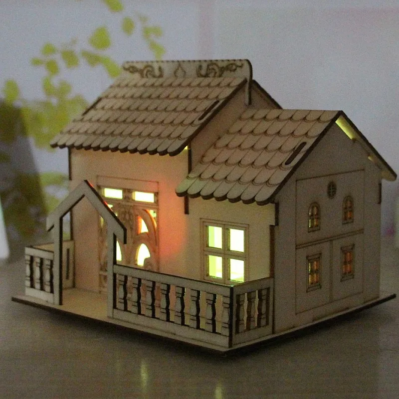 

Birthday Gift Money Box Rustic Home Desktop Novelty Wooden Villa Small Courtyard Piggy Bank With Night Light Decoration