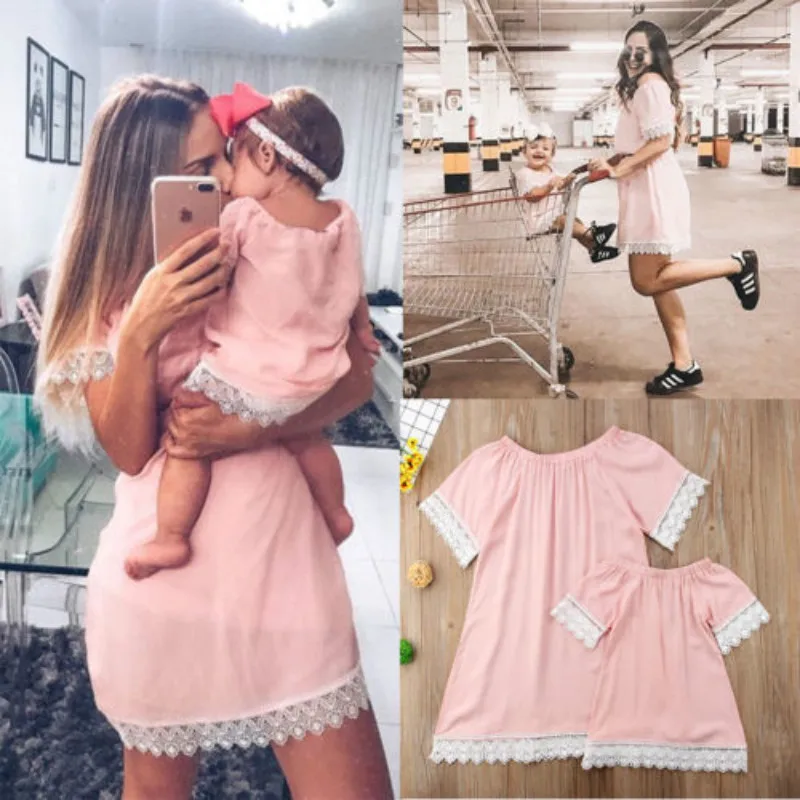 

UK Summer Family Clothes Mother Daughter Womens Girls Short Sleeve Lace Dress
