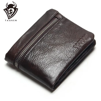 

TAUREN Genuine Leather Mens Wallets Brand Logo Zipper Design Short Men Purse Male Clutch With Card Holder Coins Purses Wallet