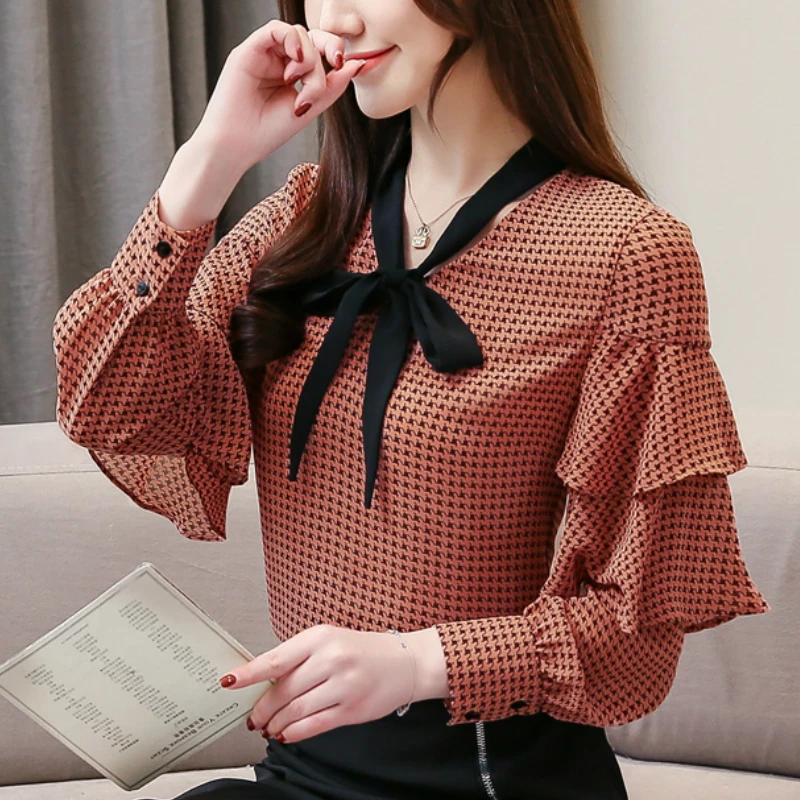 

plus size women blouses blusas femininas elegant blouse women ruffles long sleeve women shirts plaid chiffon blouse shirt A904