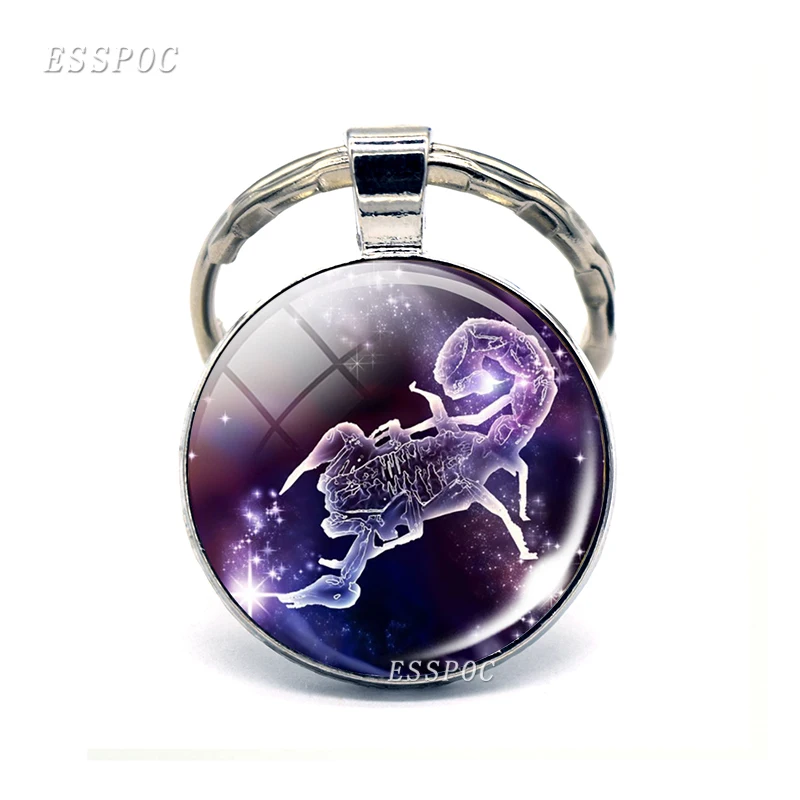 12 Constellation Keychain Zodiac Signs Glass Pendant Scorpio Sagittarius Capricorn Aquarius Alloy Keyring Jewelry Birthday Gifts