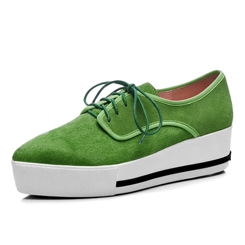 

Ywllow Horsehair Flat Platform Shoes 5 CM Waterproof Thick Soles Green Leather Lace-up Casual Loafers Box Packing 558
