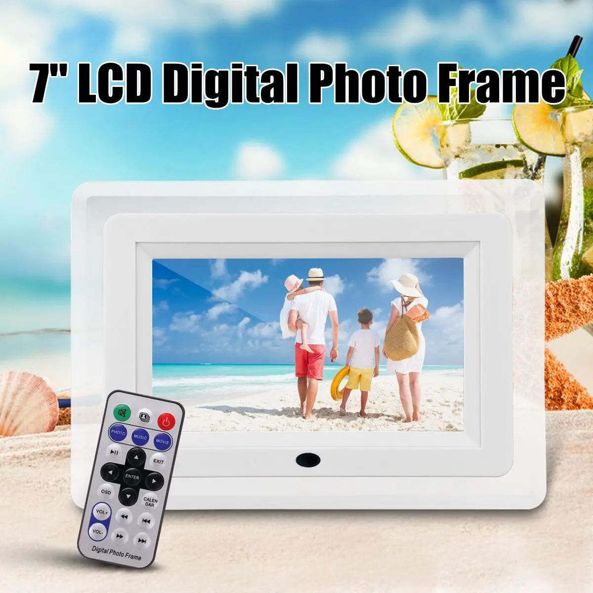 

7 inch Multi-functional HD LCD Digital Photo Picture Frame Calendar Video Player Clock Music +Remote Control White 23x16x3.5cm