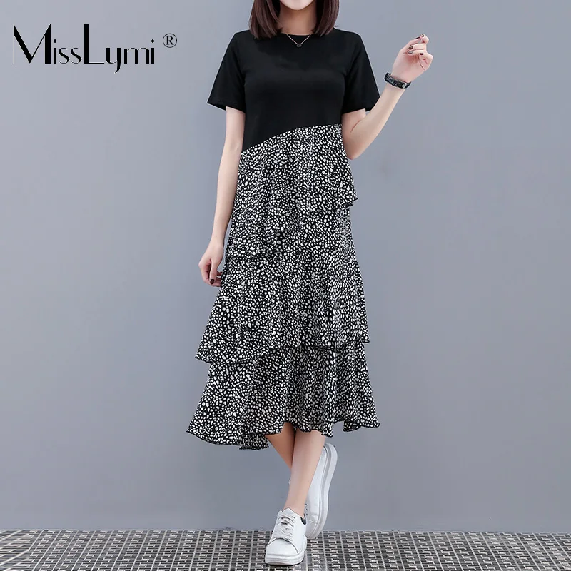

M-4XL Plus Size Women Polka Dot A-Line Dress Summer 2019 Short Sleeve Cotton Patchwork Cascading Ruffle Chiffon Midi Dresses