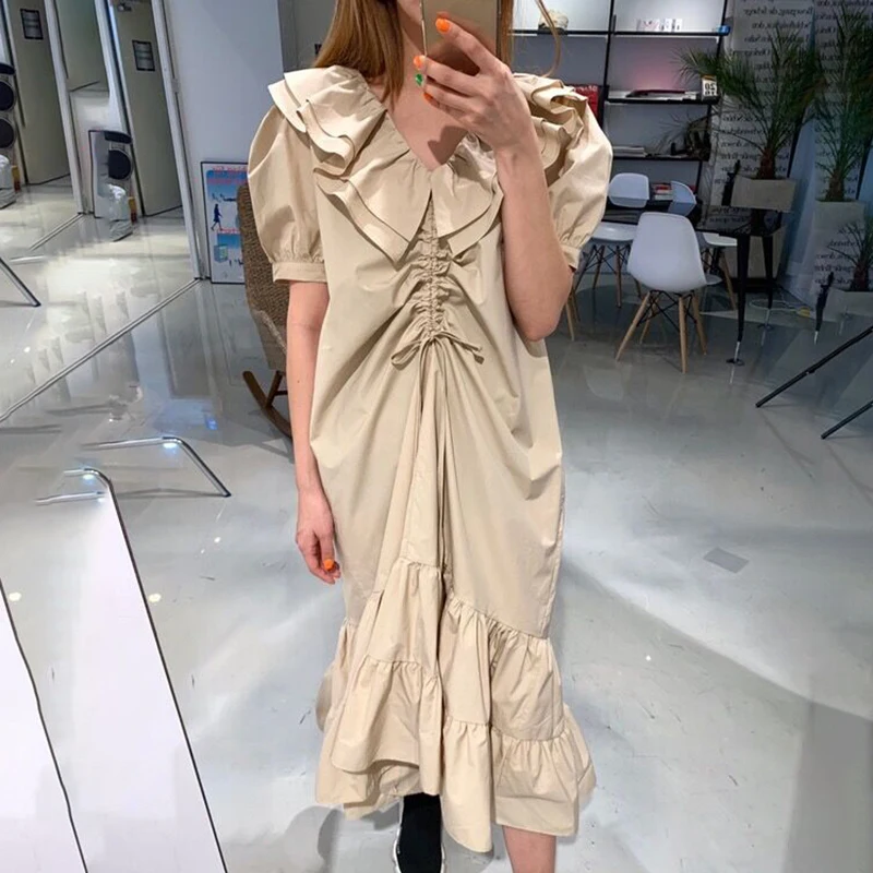 VGH Лето Pleat платье для Для женщин рюшами вырез горловины короткими рукавами
