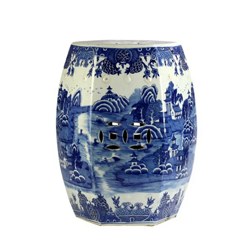

Modern Blue and White Ceramic Stool Hand Painted Planter Pattern Porcelain Stool for Home and Garden Furniture Accessory