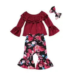 Модные 3 шт. рюшами с длинным рукавом открытыми плечами бархатный топ цветочный принт брюки для девочек головной ободок детская одежда