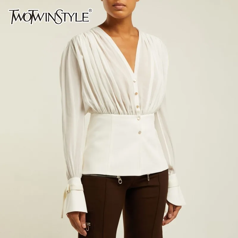 

TWOTWINSTYLE Patchwork Chiffon Shirts Blouse Female V Neck Long Sleeve Tunic Women's Tops Korean Fashion Elegant Autumn 2019 New