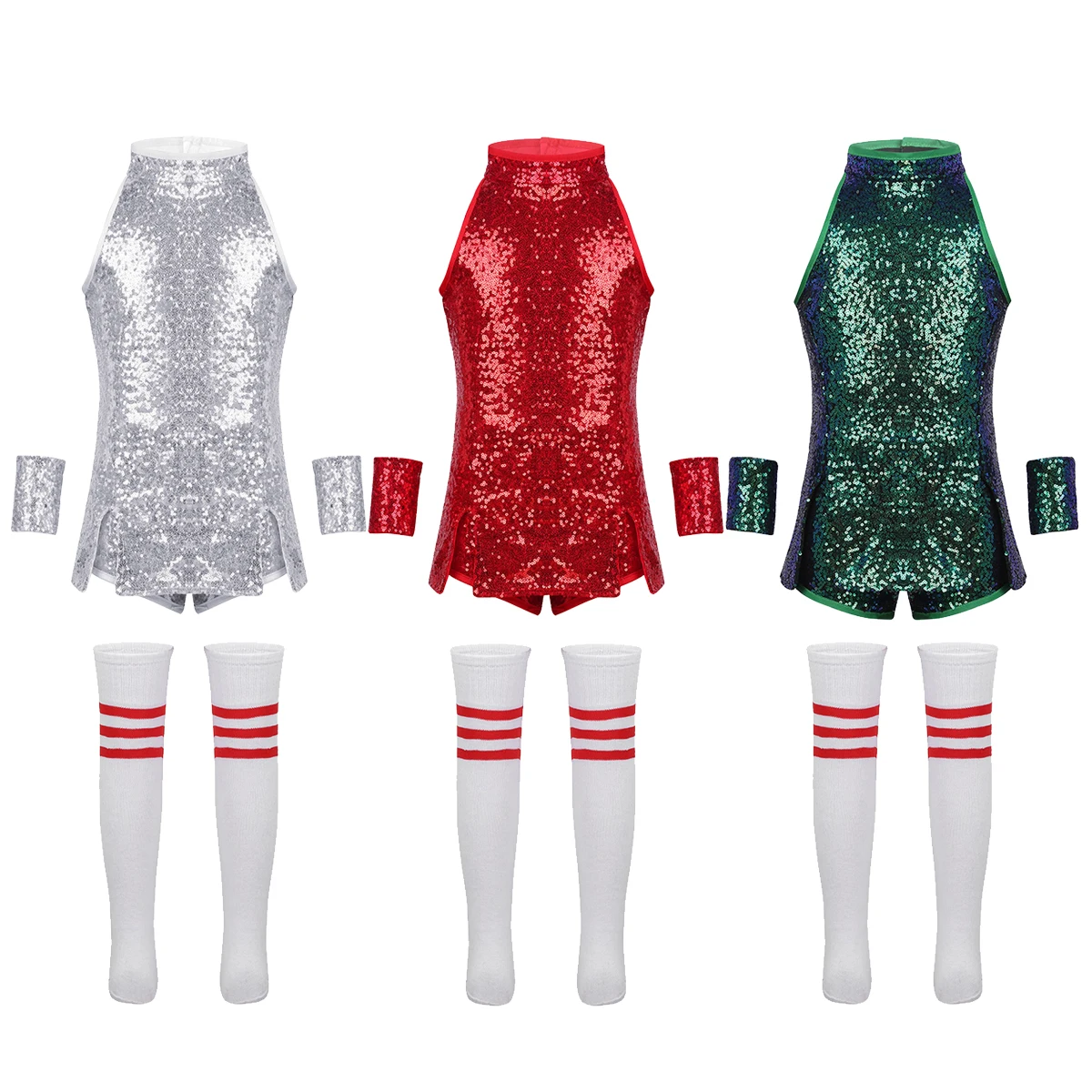

Kids Jazz Dance Costumes Tops Shorts Socks Set Sequin Hip Hop Street Dancing Dress Costume Cheerleading Team Clothes for Gilrs