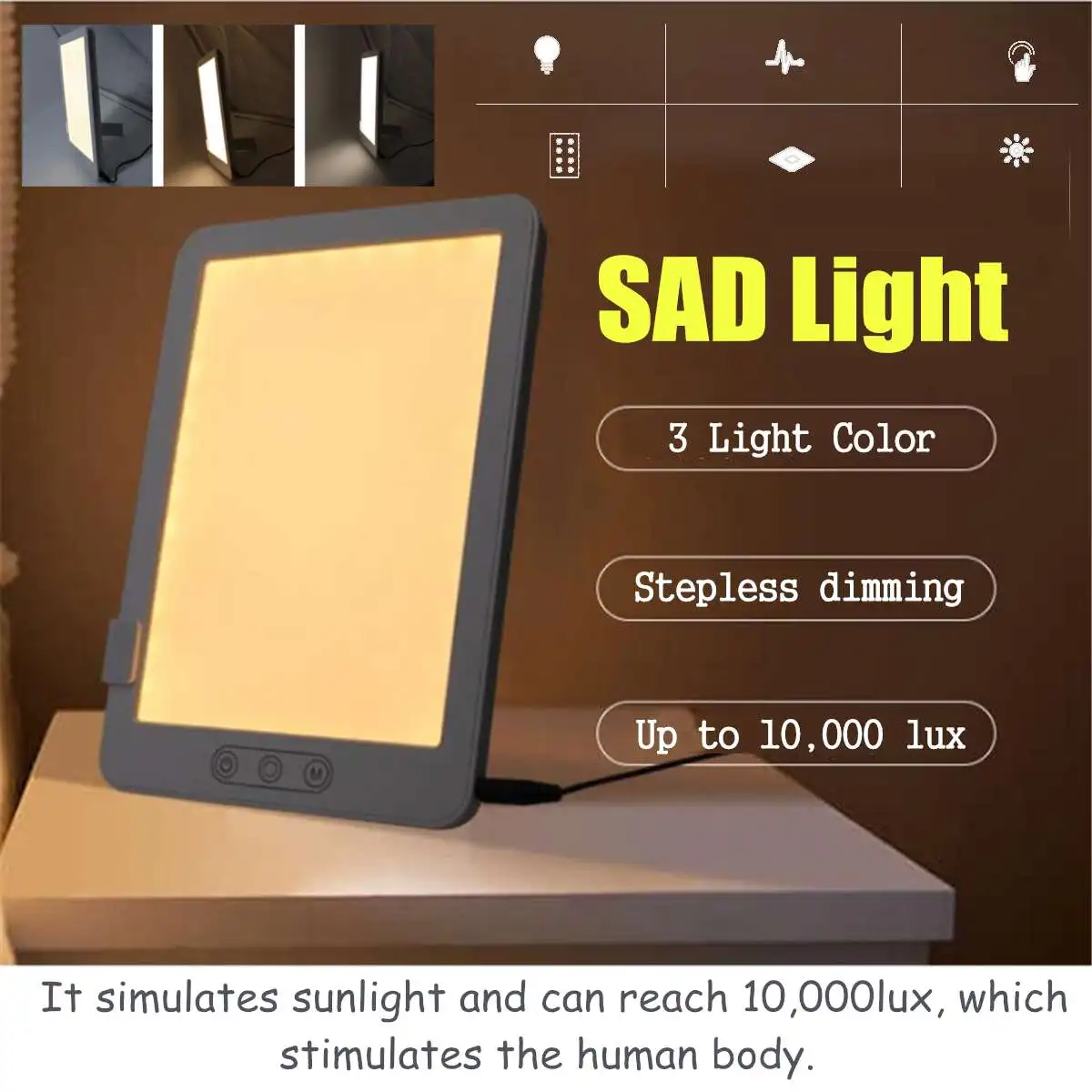 

3 Mode Portable LED SAD Night Light Pad Box Simulated Daylight Therapy Sun Lights Phototherapy Affective Disorder Cure Lamp