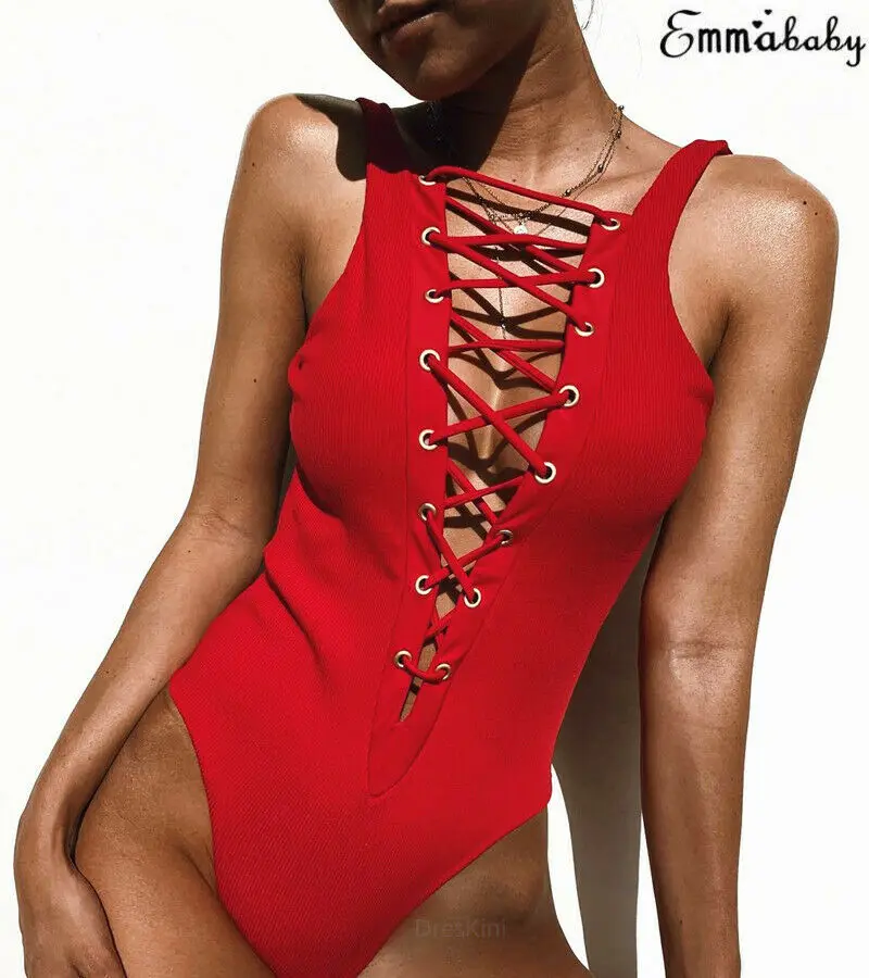 

New arrival solid Bandage sexy Women's One-piece Swimsuit Deep-V Padded Bra Swimwear Monokini Bikini Beachwear