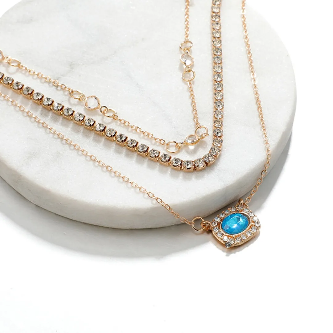 

Multilayer Blue Rhinestone Pendant Necklace Set For Women Luxury Charming Crystal Cuban Chain Simple Gold Chain Choker Jewelry
