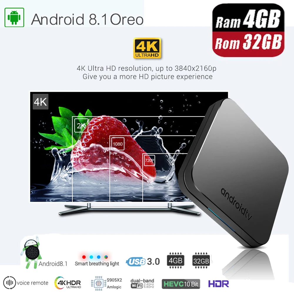 

Koqit 4G DDR4 32G Flash Google Voice Control 4K HDR S905X2 Android 8.1 TV Box Dual-Band Wifi Bluetooth 4.1 USB 3.0 Media player