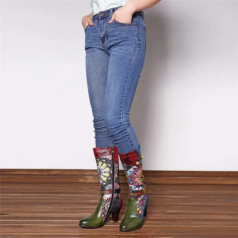 Socofy Femme Cowgirl Vintage Hauteur Mi-Mollet Bottes Femme Jeans Chaussures Boucle Lacets