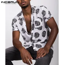 INCERUN 2019 Rose Print Casual Shirt Men Button Short Sleeve Lapel Neck Tops Camisa Fashion Hawaiian Shirt Men S-5XL Streetwear men s button short sleeve shirt