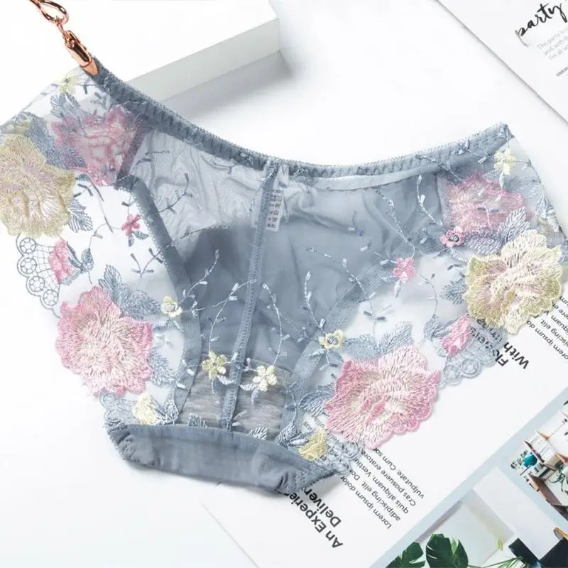 

Women Lace Transparent Embroidered Underwear Charming Flower Pattern Briefs For Female