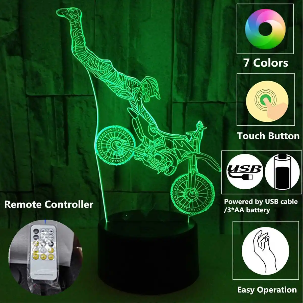 

Dirt Bike Shape LED Night Light Motocross Motorcycle 3D Acrylic LED Table Lamp 7 Color Night Light Touchs RC Lamp For Bedroom