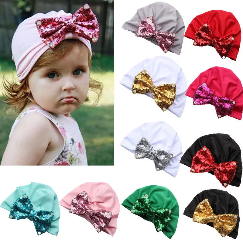 

Hot Newborn Baby Hat With Bling Bow Sequins Kids Unisex Soft Bow Knotted Baby Cap Winter Warm Wrap Turban Newborn Hat