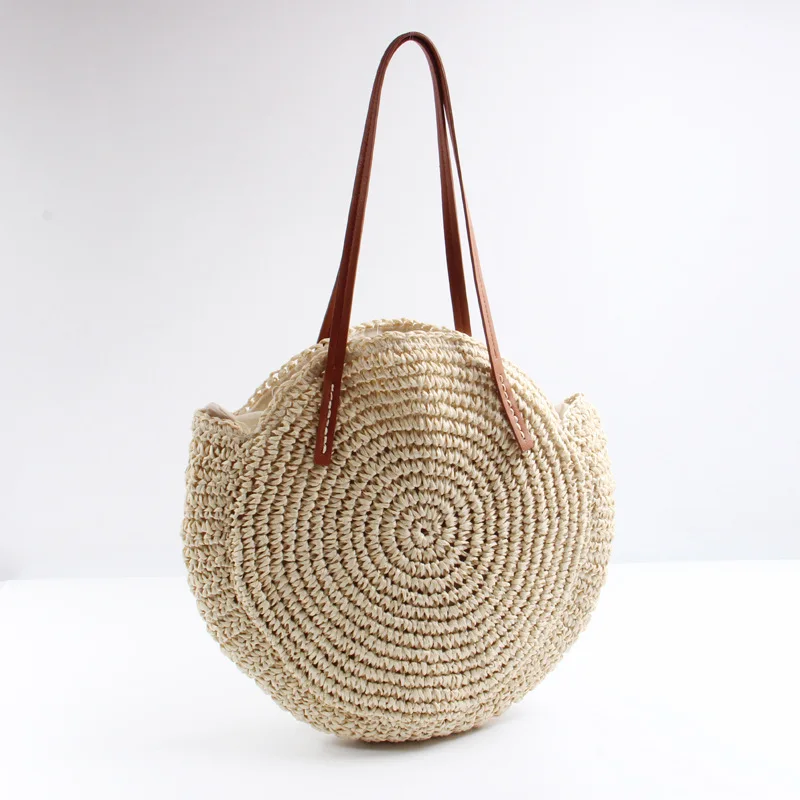 Round Straw Beach Bag Vintage Handmade Woven Shoulder Bag Raffia circle ...