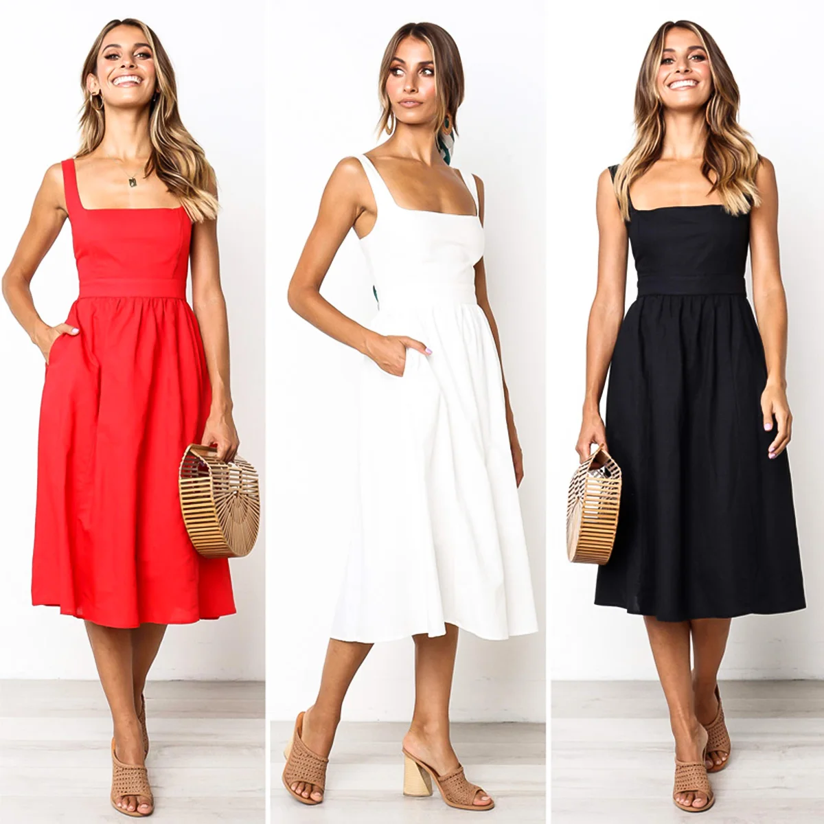 

Women Solid Low Cut Square Collar Sleeveless Tank Top Backless Midi Dress with Pocket Back Zipper Beach Dress