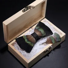 JEMYGINS дизайн черный зеленый птичье перо галстук-бабочка ручной работы брошь-бант Подарочная Деревянная Коробка комбо набор для мужчин Свадебная вечеринка