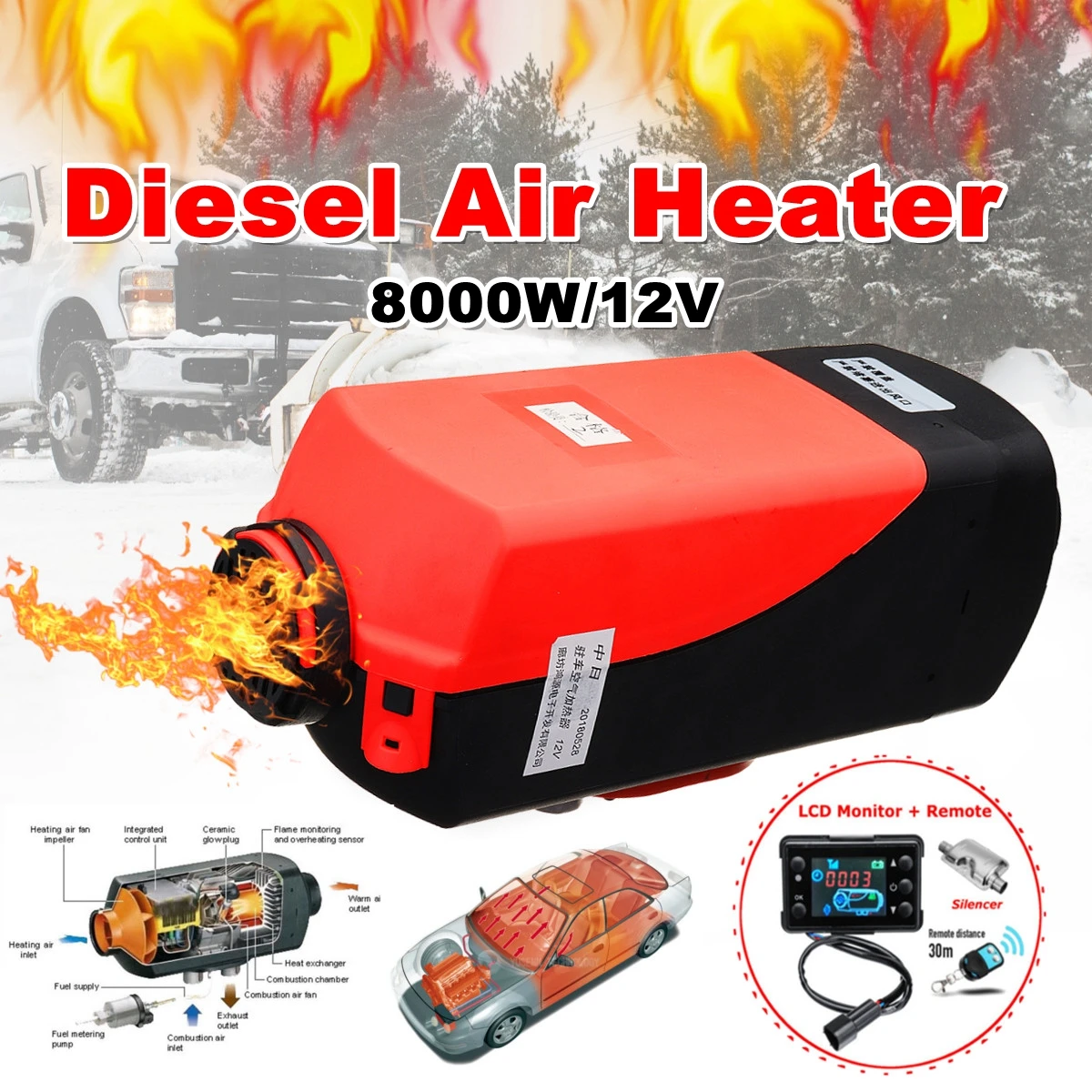 

12V 8000W LCD Monitor Air diesels Fuel Heater Single Hole 8KW For Boat Bus Car Heater With Remote Control and Silencer