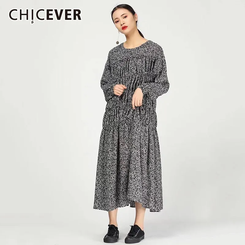 

CHICEVER Spring Autumn Print Dresses For Women O Neck Long Sleeve Loose Women's Dress Female 2019 Fashion Clothes Tide