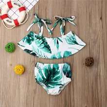 Летний детский купальный костюм одежда для малышей для девочек листья купальник, бикини с принтом детский плавательный ванный Комплект топ+ шорты пляжная От 1 до 6 лет