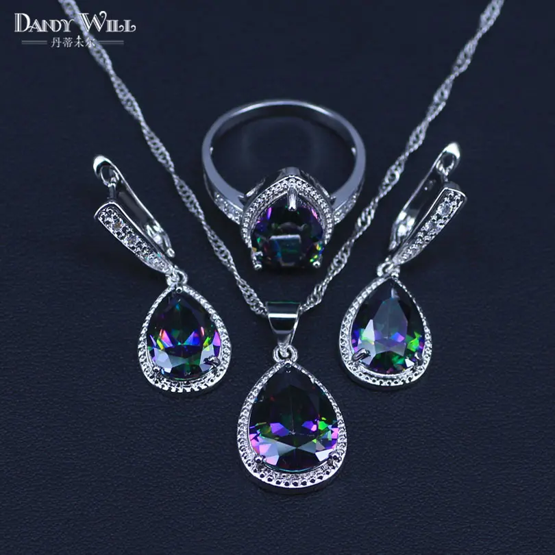 

Trendy 925 Sterlig Silver Jewelry Set Multicolor Rainbow Zircon For Women Necklace Pendant Earrings Rings Free Gift Box