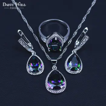 

Trendy Silver Color Jewelry Set Multicolor Rainbow Zircon For Women Necklace Pendant Earrings Rings Free Gift Box