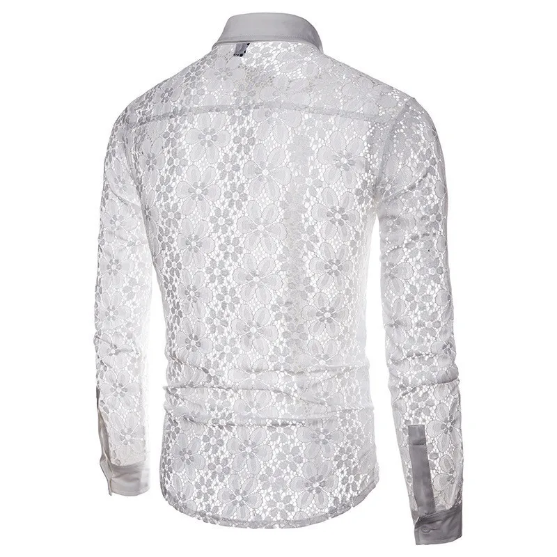 Floral Embroidery Lace Shirt Men Black White Transparent Sexy Skinny Shirts Muscle Fit See Trough Club Black Shirt Male Clothing