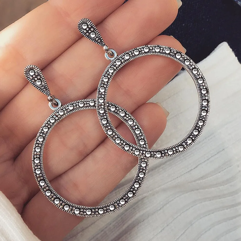 

Gypsy Silver Large Circle Pendant Earrings for Women Metal Hollow Round Drop Dangle Earring Jewelry Pendientes
