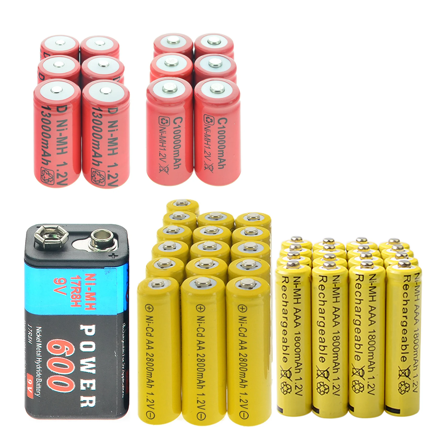 

16x AA 2800mAh+16x AAA 1800mAh +1x 9V 600mAh Battery+6x D size +6x C size rechargeable battery yellow red