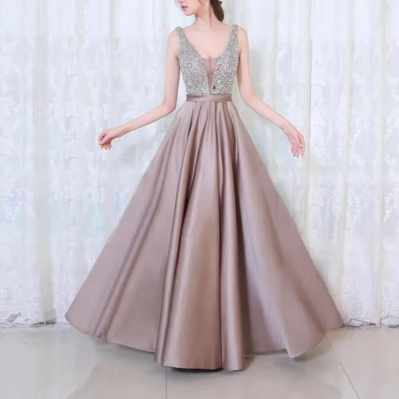 

women dress Sexy V-neck Elegant 2019 Natural Sequins Shiny Wedding Bridal Evening gown Party Long birthday dress for women