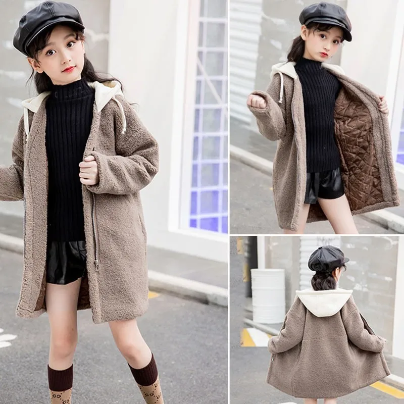 

Children's Woolen Hooded Coats Fashion 2018 Winter Long Jacket For Teenage Girls Patchwork Outerwear Coat Clothes Baby Girl Tops