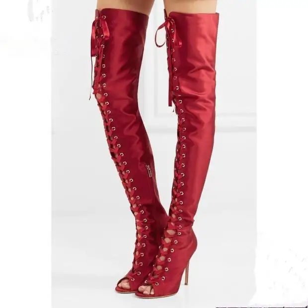 

Fashion Red Women Long Boots Cross Straps Over The Knee Boots Spring Summer Peep Toe Stiletto Heels Shoes Leather Sandals Boots