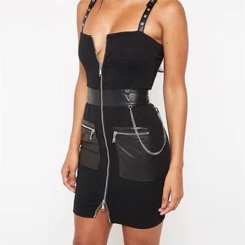 

2019 Fashion Pu Leather Spliced Black Bodycon Dress Summer Zipper Sleeveless Party Sexy Club Mini Dresses
