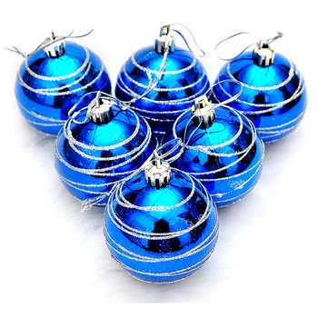 

6pcs Christmas Tree Balls Blue Diameter 6cm Striped Color Drawing Decorations Ball Xmas Party Wedding Ornament