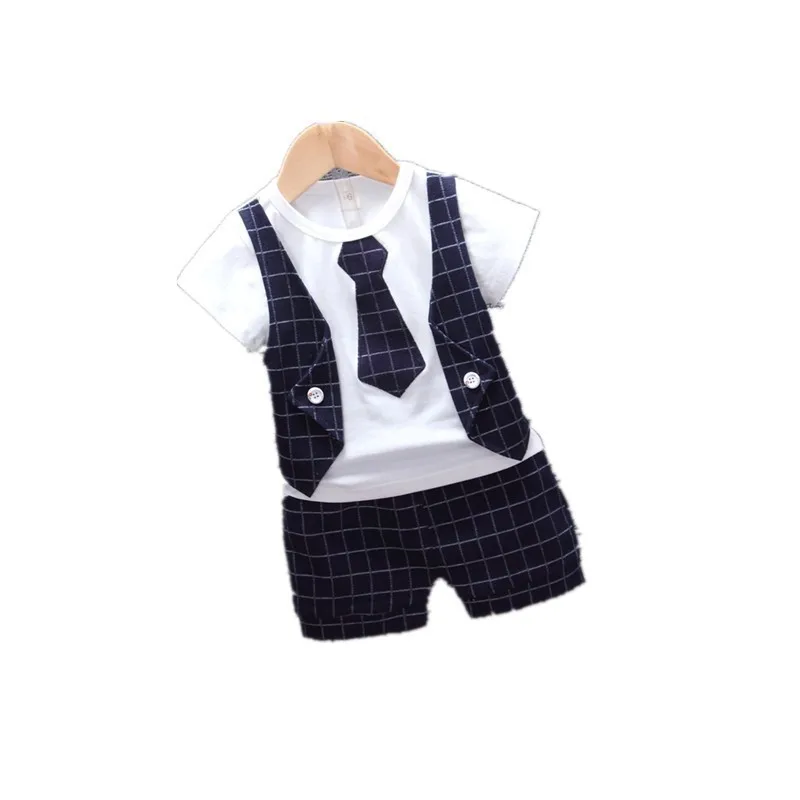 Children Tracksuits Baby Boys Girls Short T-shirt Shorts 2Pcs/sets Summer Kids gentleman Tie Plaid Bowknot Pure Cotton Clothes