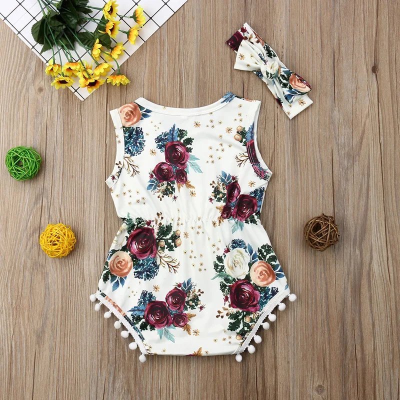 Focusnorm New Casual Baby Girl Romper Sleeveless Tassel Floral Print Cotton Soft Jumpsuit Clothes Outfits