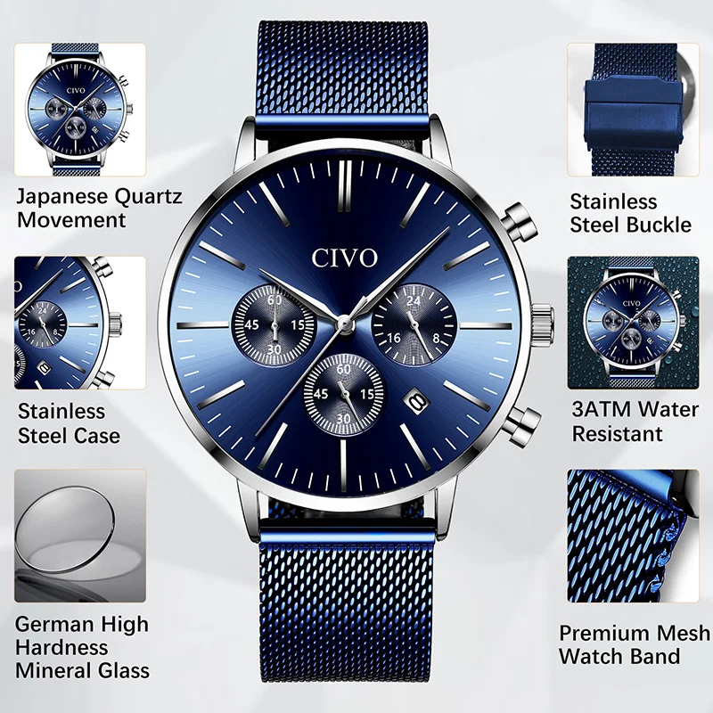 CIVO 2019 Роскошные Лидирующий бренд мужские часы водонепроницаемые кварцевые из