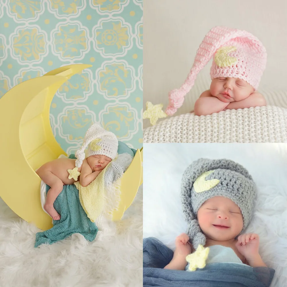 

Puseky Cute Newborn Photography Props Baby Knit Long Tail Hats Crochet Warm Star Moon Cap Photoshoot Picture Prop DIY Baby Album